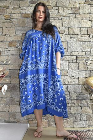 Kasbah Bubble Cotton Bandana Peasant Dress Malibu Blue